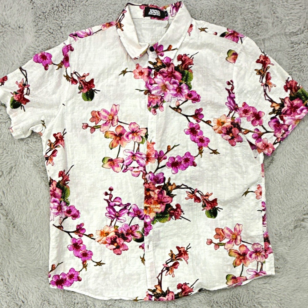 JOGAL Men's L Floral Woven Short Sleeve Button-Up Shirt White Multi-Color